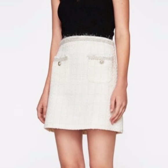 Zara Dresses & Skirts - ZARA Ivory White Cream Silver Tweed Fringe Pearl Button Mini Skirt